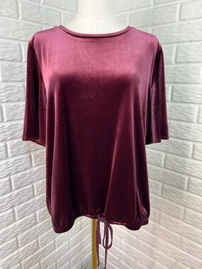 LOFT VELOUR FLUTTER SLEEVE BURGUNDY TOP ELASTIC WAIST SZ MED